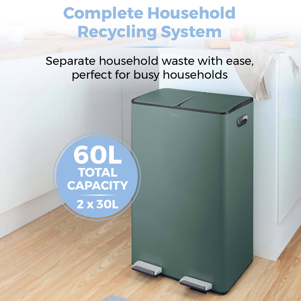 Tower Double Recycling Green Pedal Bin 60L Image 3