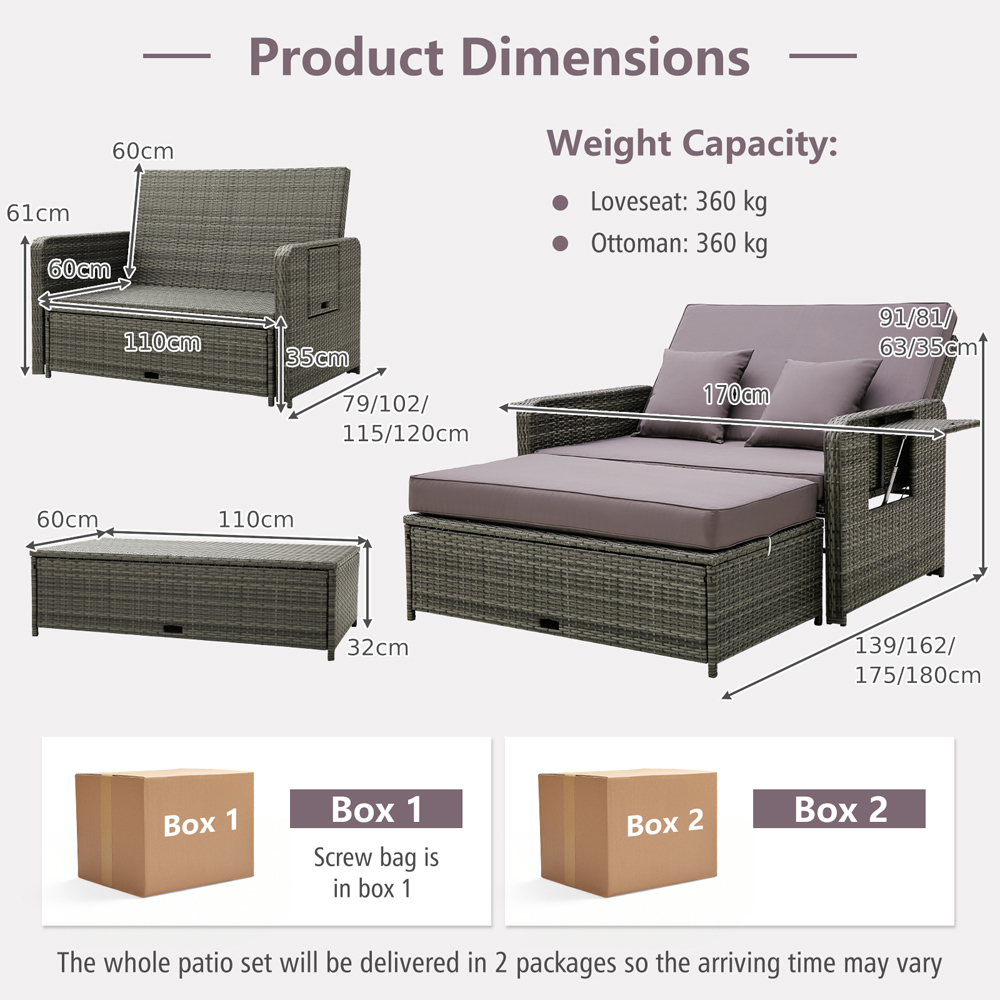 Costway 2 Seater Rattan Daybed with Ottoman and Side Tray Image 9