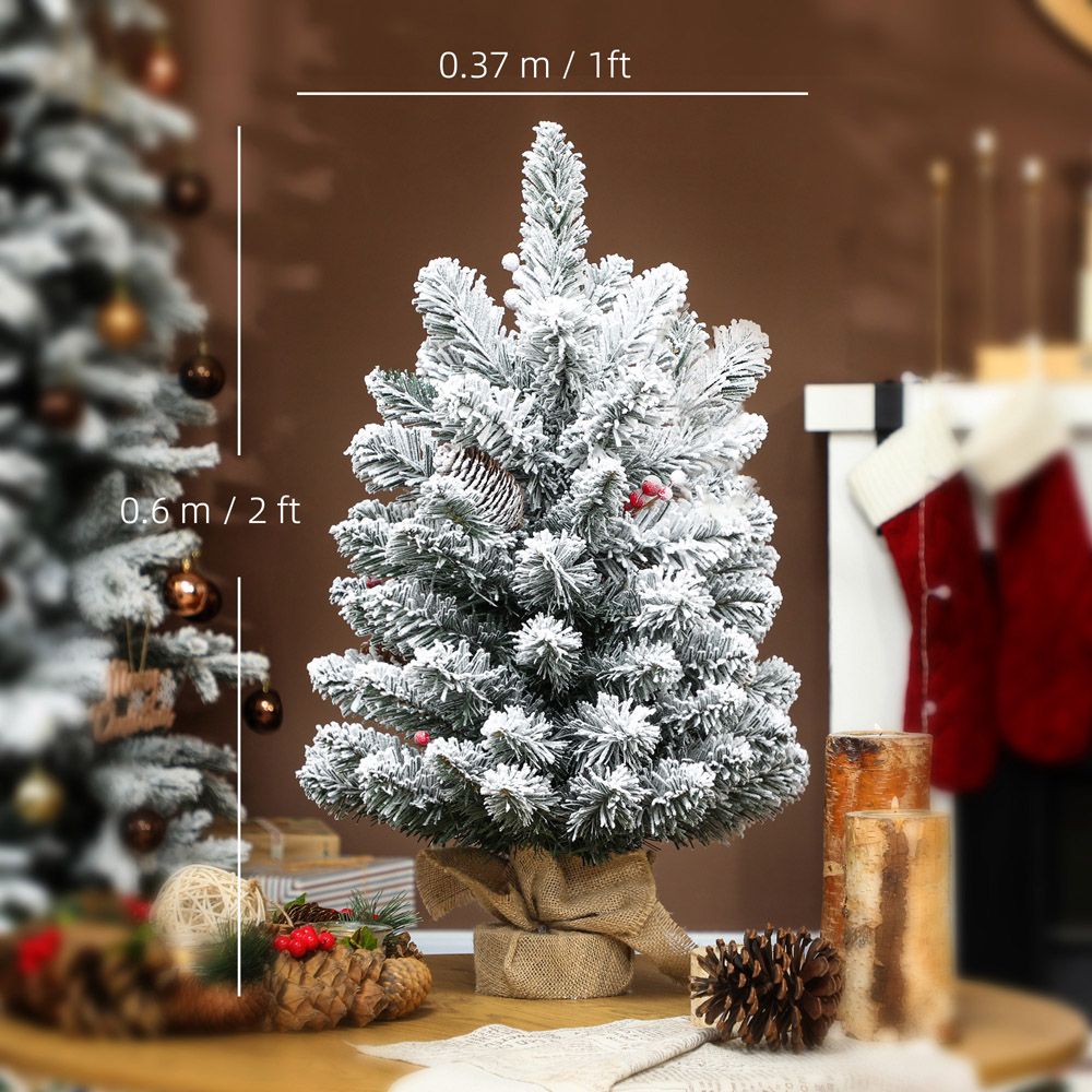 Everglow Pre-Lit Snow Flocked Small Tabletop Artificial Christmas tree with Pinecones and Berries 2ft Image 9