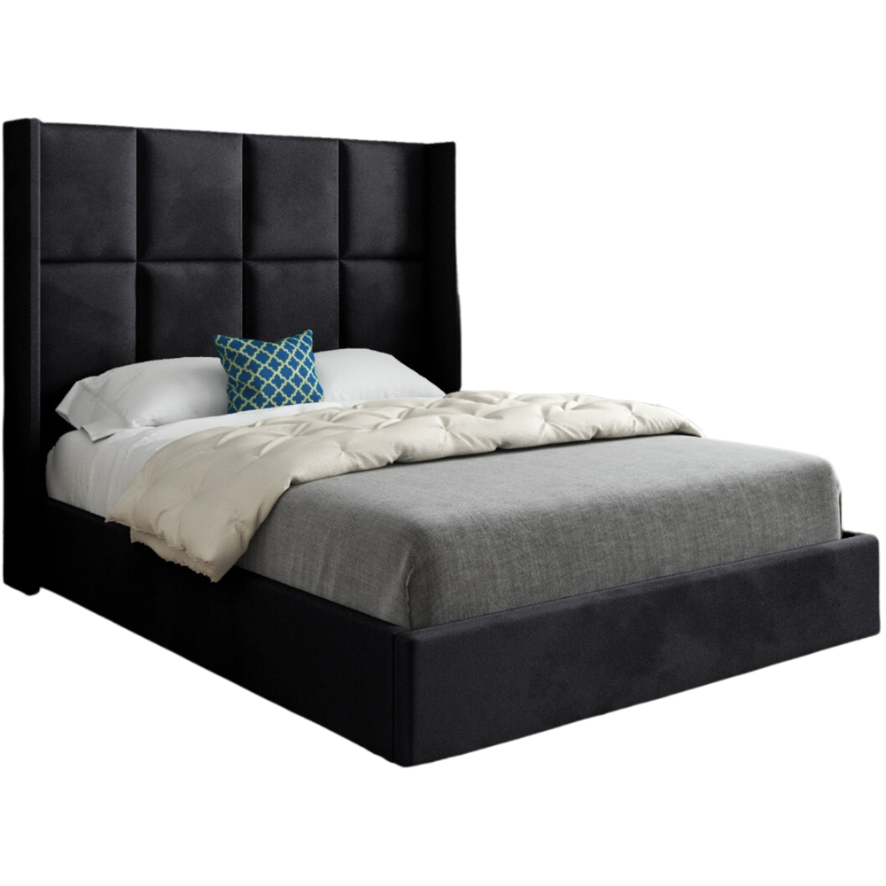 Quanta Double Black Soft Velvet Upholstered Bed Frame with Straight Winged Headboard Image 2