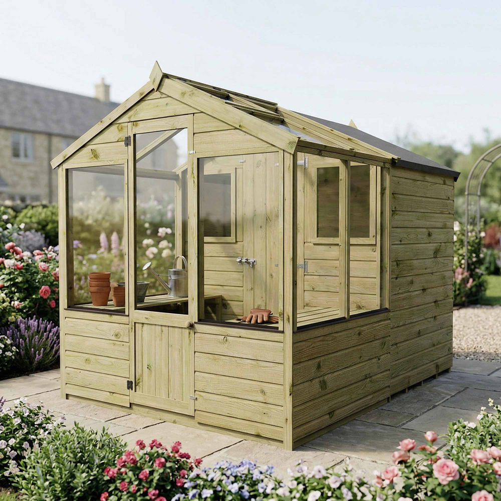 Mercia Wooden 8 x 6ft Traditional Apex Greenhouse Combi Shed Image 2