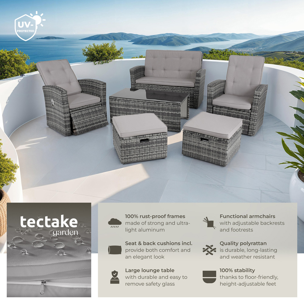 tectake Bari 6 Seater Grey Rattan Reclining Garden Lounge Set Image 6