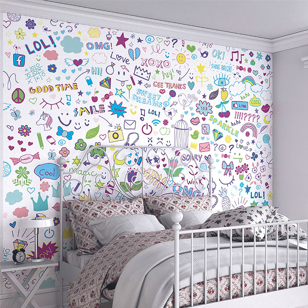 Origin Murals Social Doodle Text Purple Wall Mural Image 1