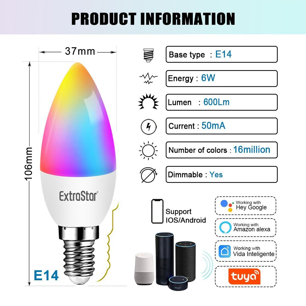 ExtraStar 2 Pack E14 Multicolour 6W WiFi LED Smart Light bulb Image 7