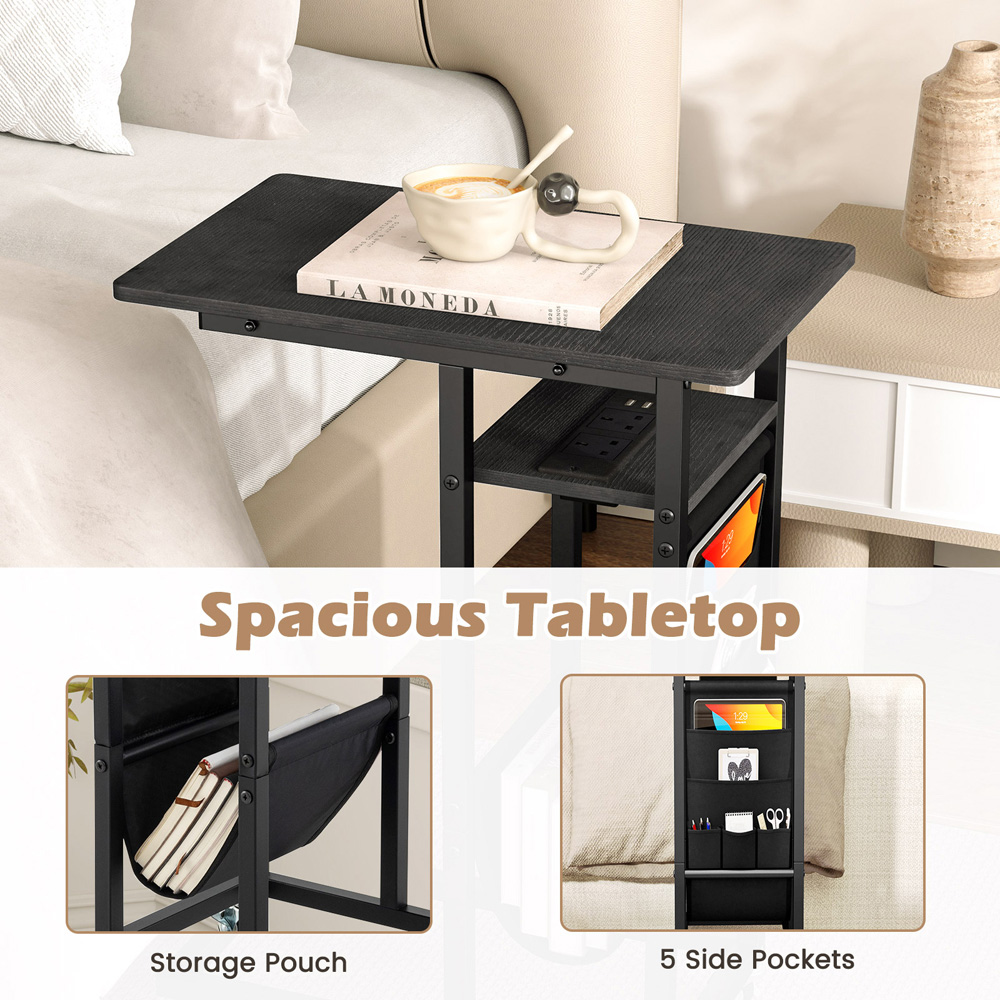 Costway Black C Shaped End Table Rolling with Charging Station and Retractable Tabletop Image 7