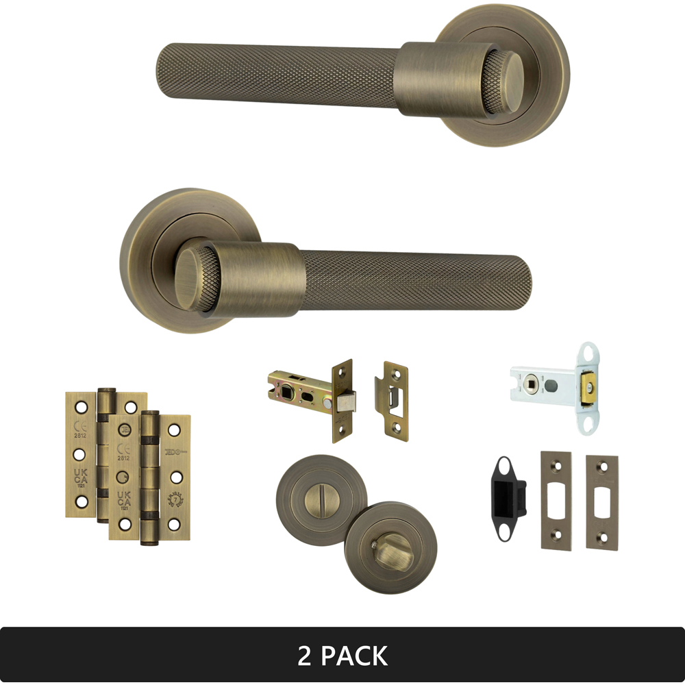 AXS Hardware Dakota Antique Brass Knurled Bathroom Door Handles on Rose 2 Pack Image 8