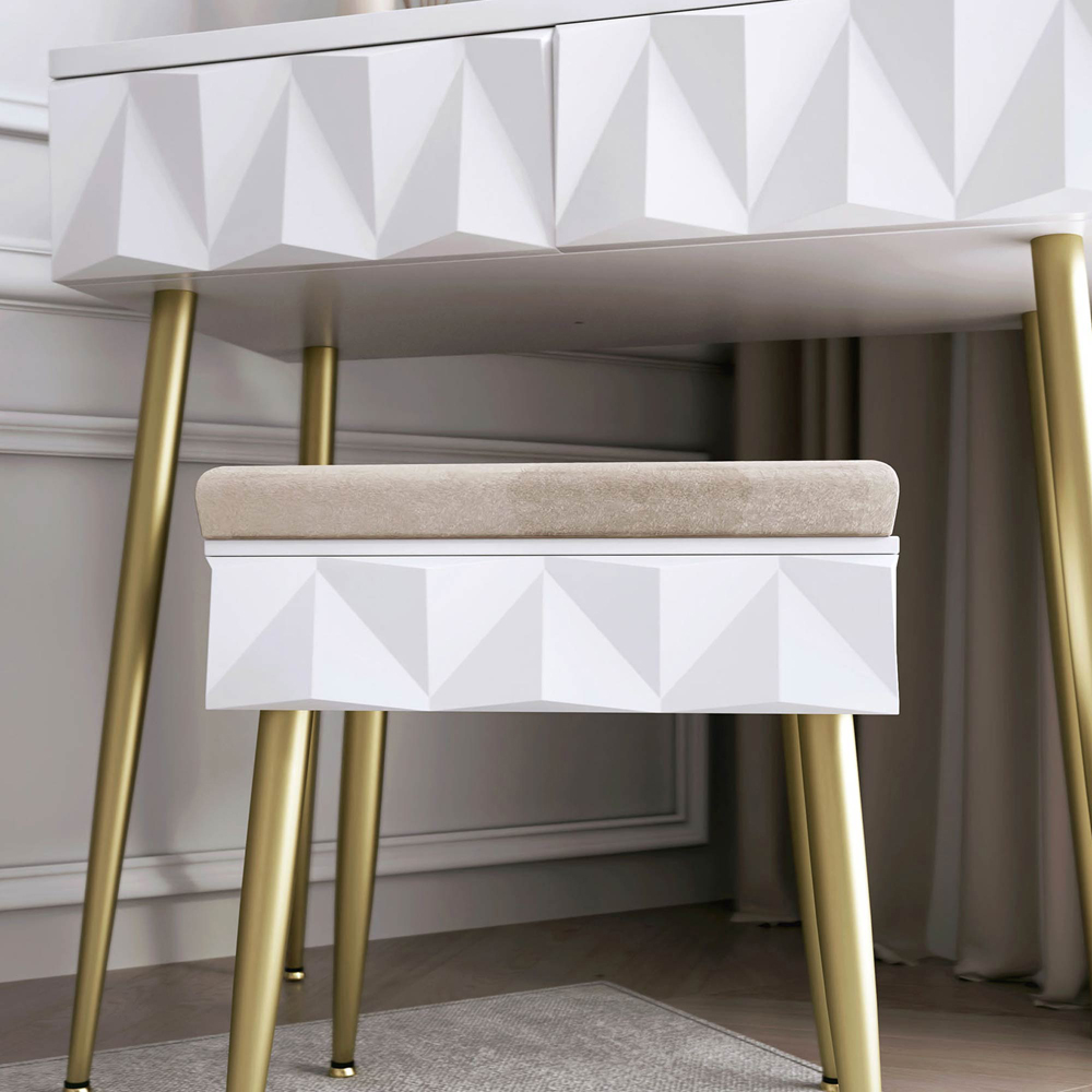 CARME Home Montana White and Gold Padded Velvet Storage Stool Image 4