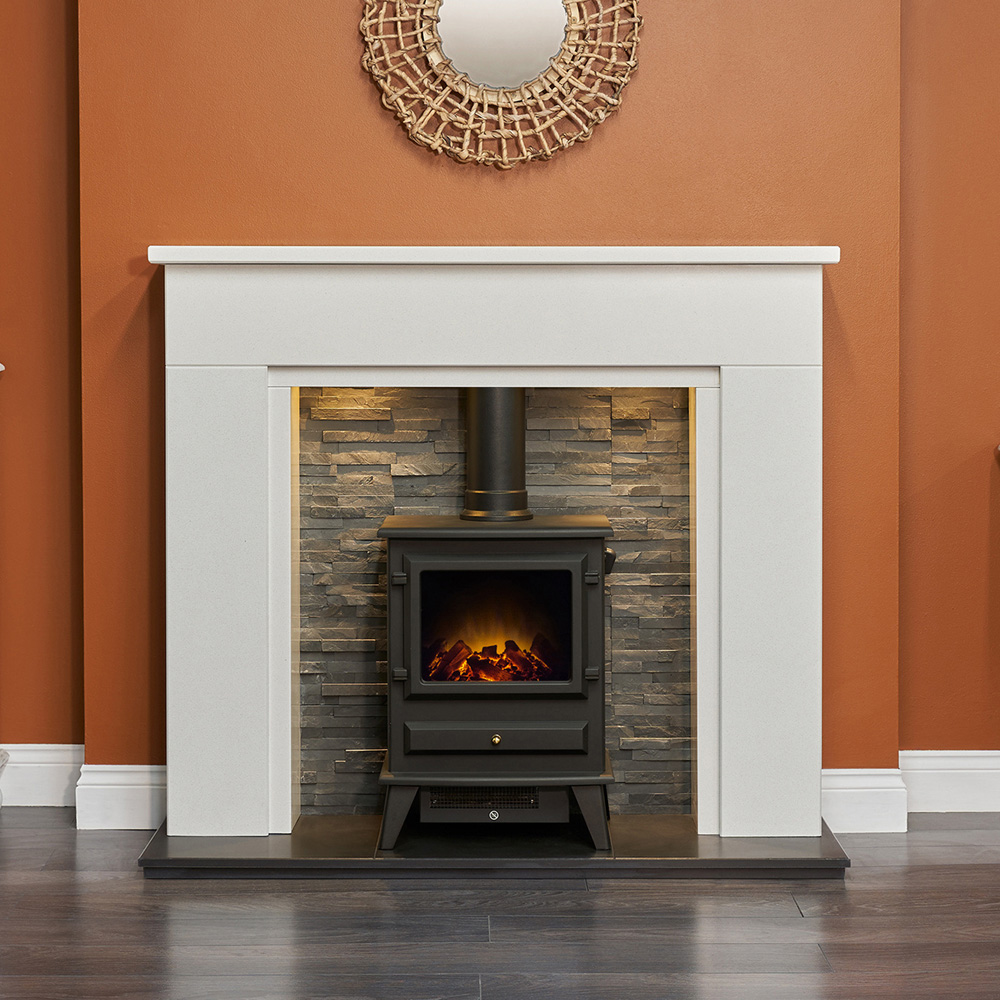 Acantha Rimini White Marble and Black Fireplace with Downlights and Hudson Electric Stove 48 inch Image 2