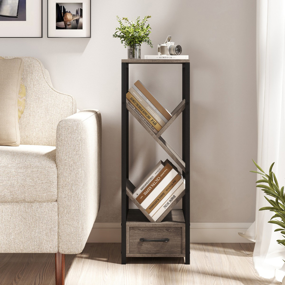 Costway 4 Tier Single Drawer Grey Floor Standing Tree Bookshelf Image 4