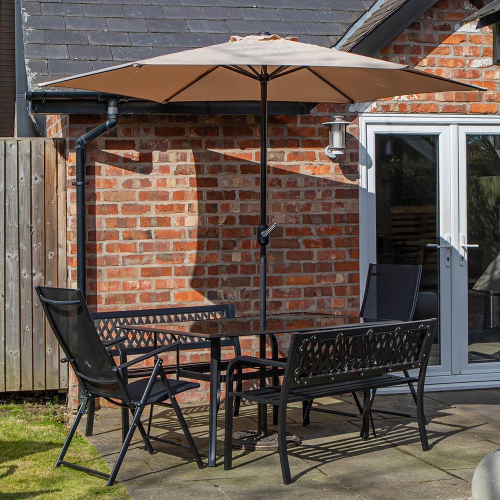 Samuel Alexander 6 Seater Garden Dining Table with Benches and Beige Havana Parasol and Base 2m Image 1