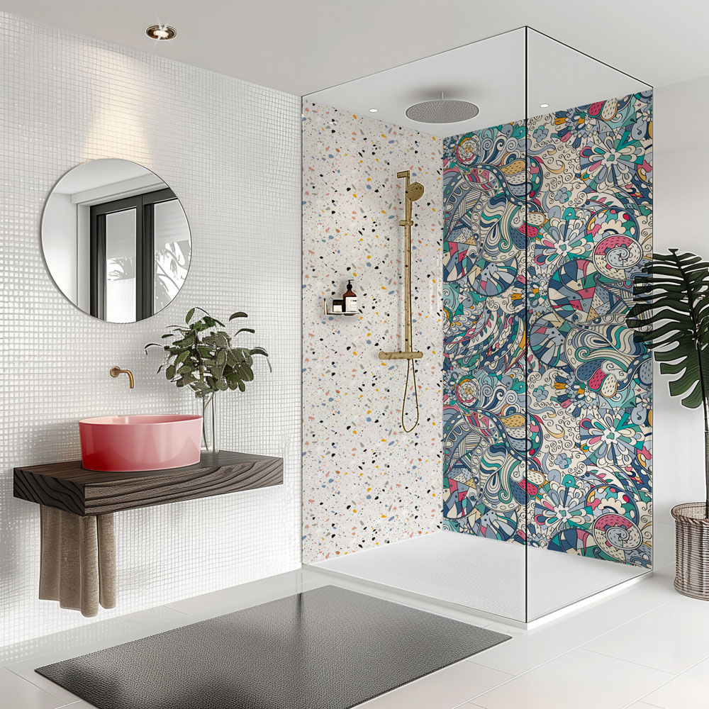 Splashbax Premium Artisan Colourful Doodle Acrylic Bathroom Wall Panel 2400 x 800mm Image 5