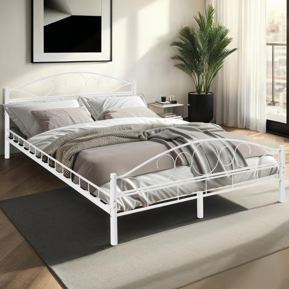 tectake Double White Metal Bed Frame with Slatted Base Image 1