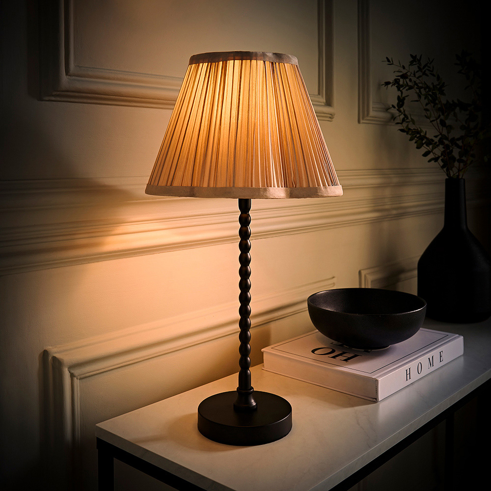 ValueLights Maeve Light Grey Pleated Faux Silk Scallop Shade Black Bobbin LED Table Lamp Image 2