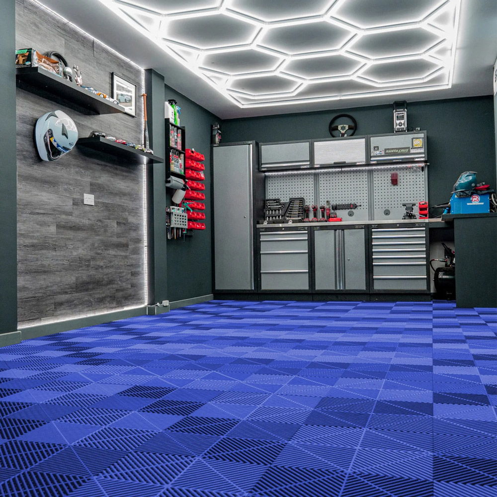 MonsterShop 120 Blue Vented Garage Floor Tiles with Edges and 14 Hexagon LED Light Image 2
