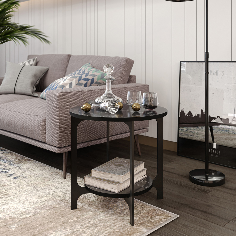 Decorotika Versy Single Shelf Black Marble Effect and Gold Round Side Table Image 4