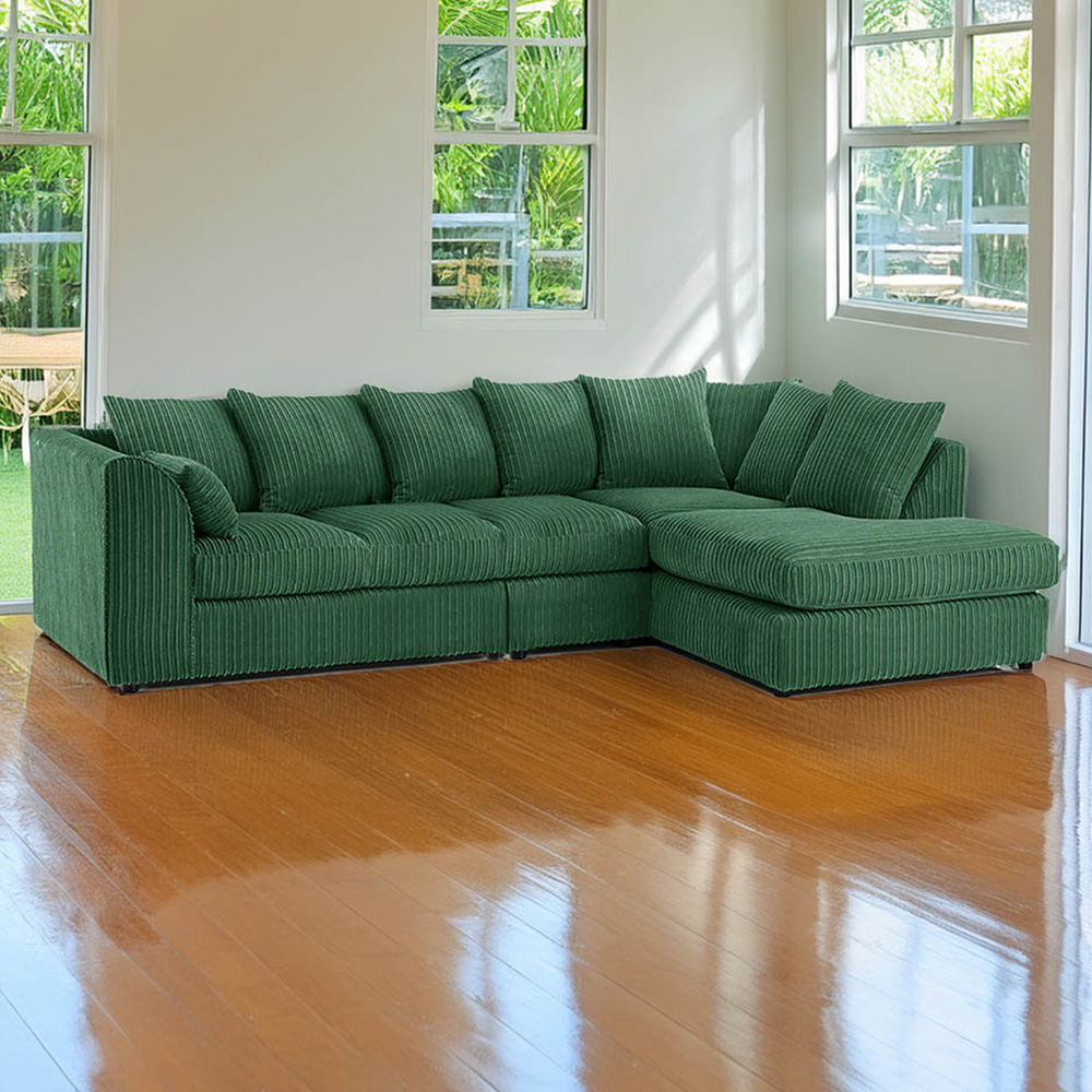 Luxor 4 Seater Green Jumbo Cord Right Hand Facing Scatter Back L Shaped Corner Sofa Set Image 1