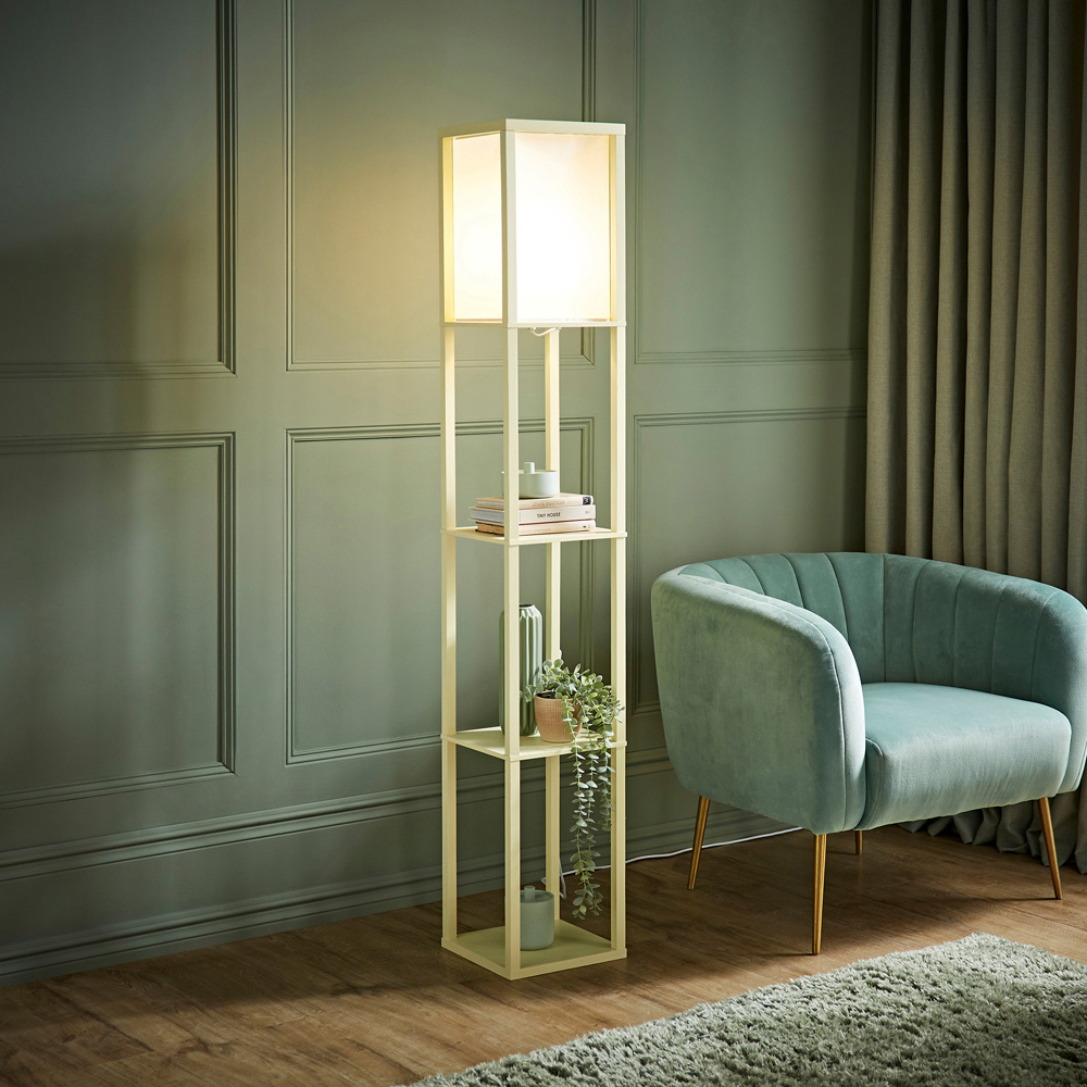 ValueLights Struttura Fabric Shade Yellow Shelving Unit Floor Lamp with Bulb Image 2
