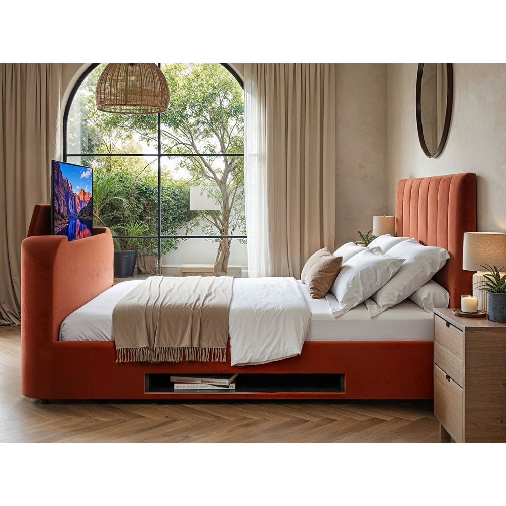 Flair Megane Double Burnt Orange Velvet Side Lift TV Ottoman Bed Image 6
