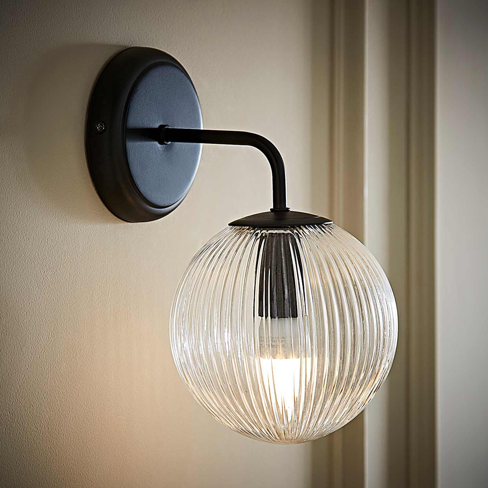 ValueLights Kempton Ribbed Globe Shade Matte Black Wall Light with Bulb Image 6