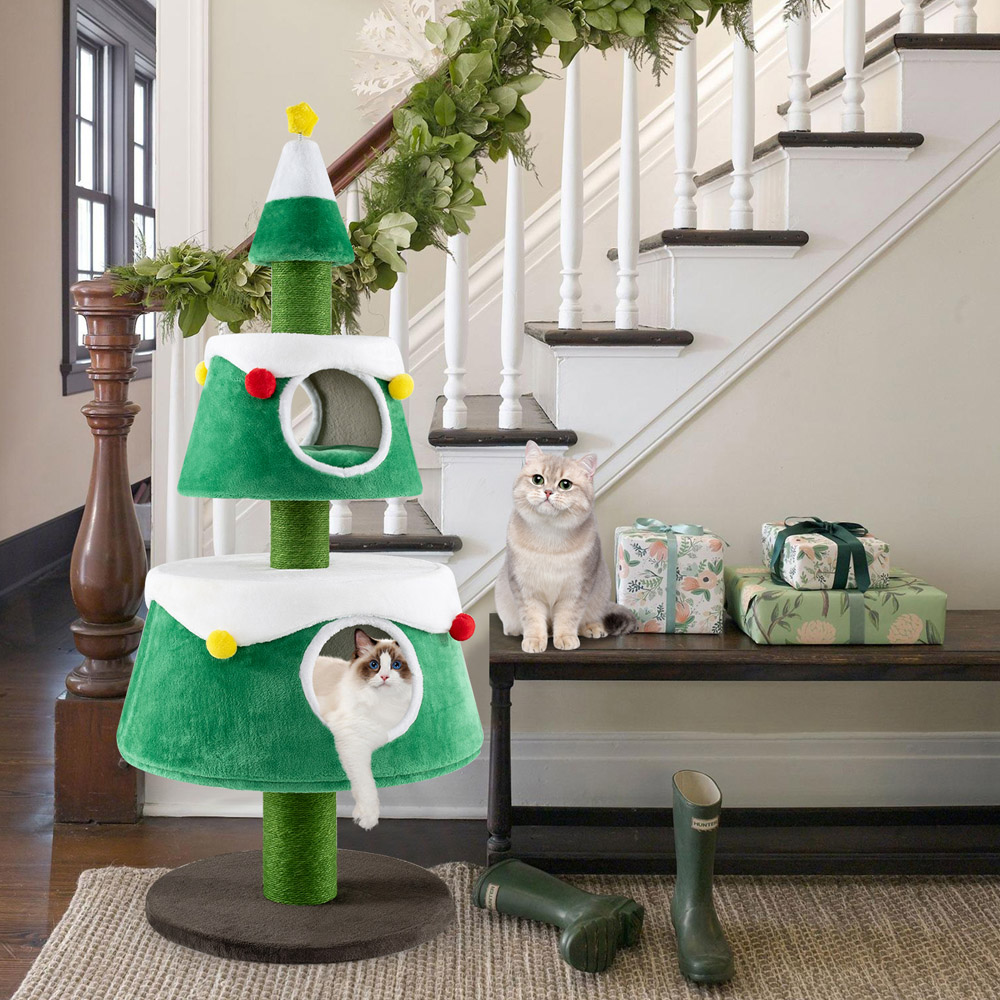 Costway Green Double Condo Christmas Tree Shaped Indoor Cat Scratching Post Image 4