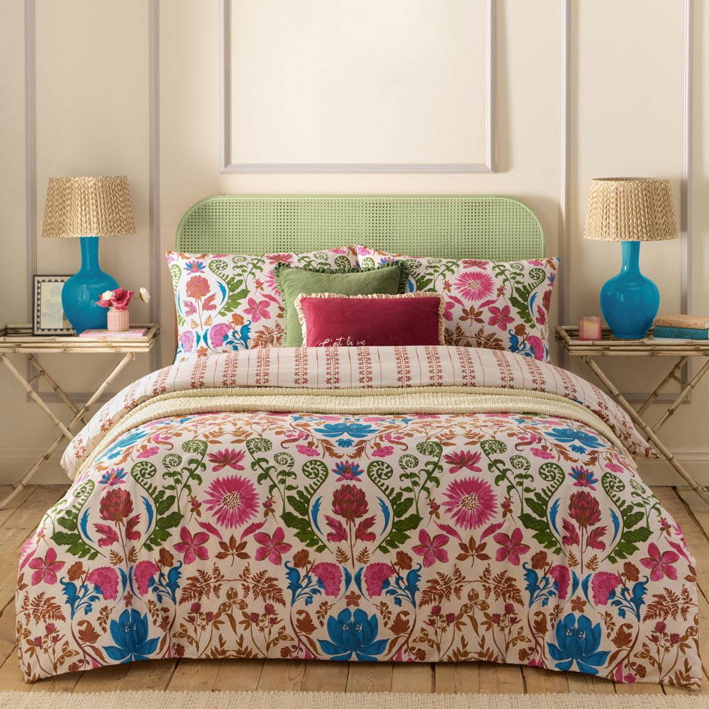 furn. Double Curious Lotus Exotic Floral Linen Reversible Duvet Set Image 4