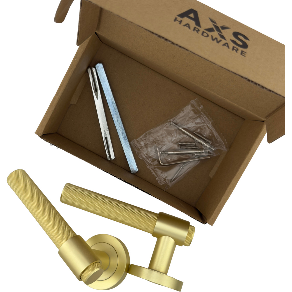 AXS Hardware Dakota Satin Brass Knurled Bathroom Door Handles on Rose 2 Pack Image 7