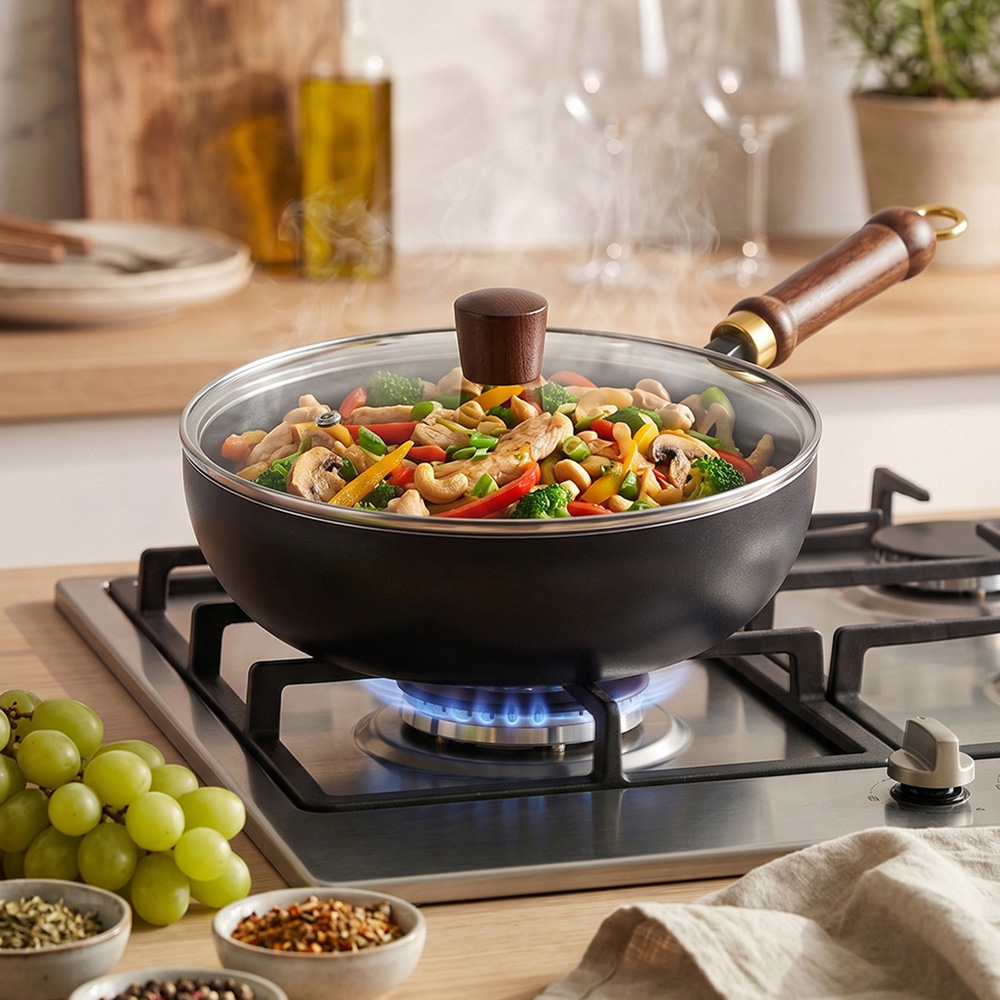 Living and Home 28cm Black Iron Deep Wok Pan with Glass Lid Image 2