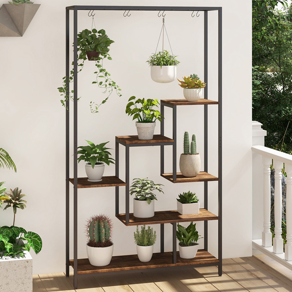 Costway 6 Tier Rustic Brown Plant Stand with Hanging Hooks Image 2