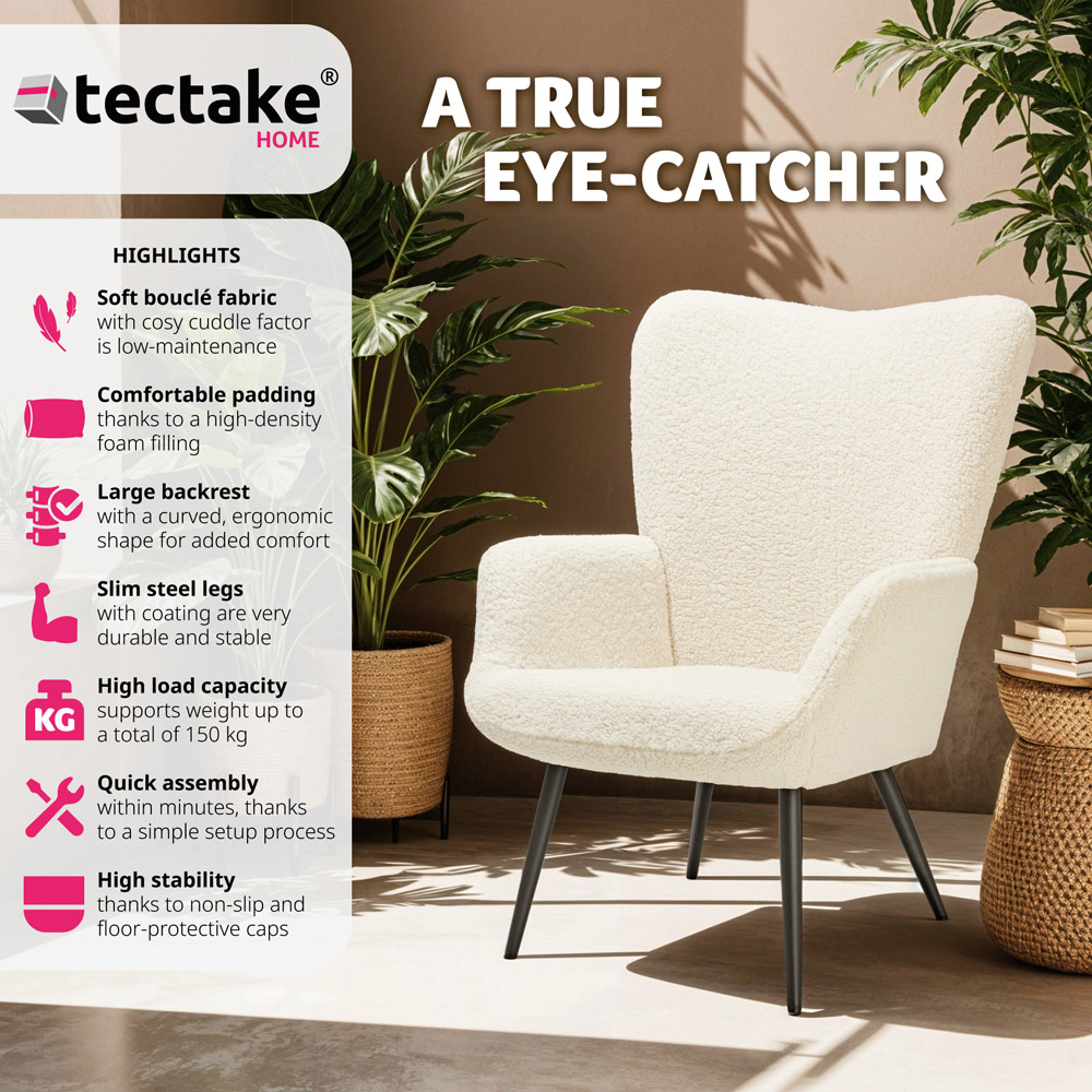 tectake Hygge Cream and Black Boucle Padded Armchair Image 3