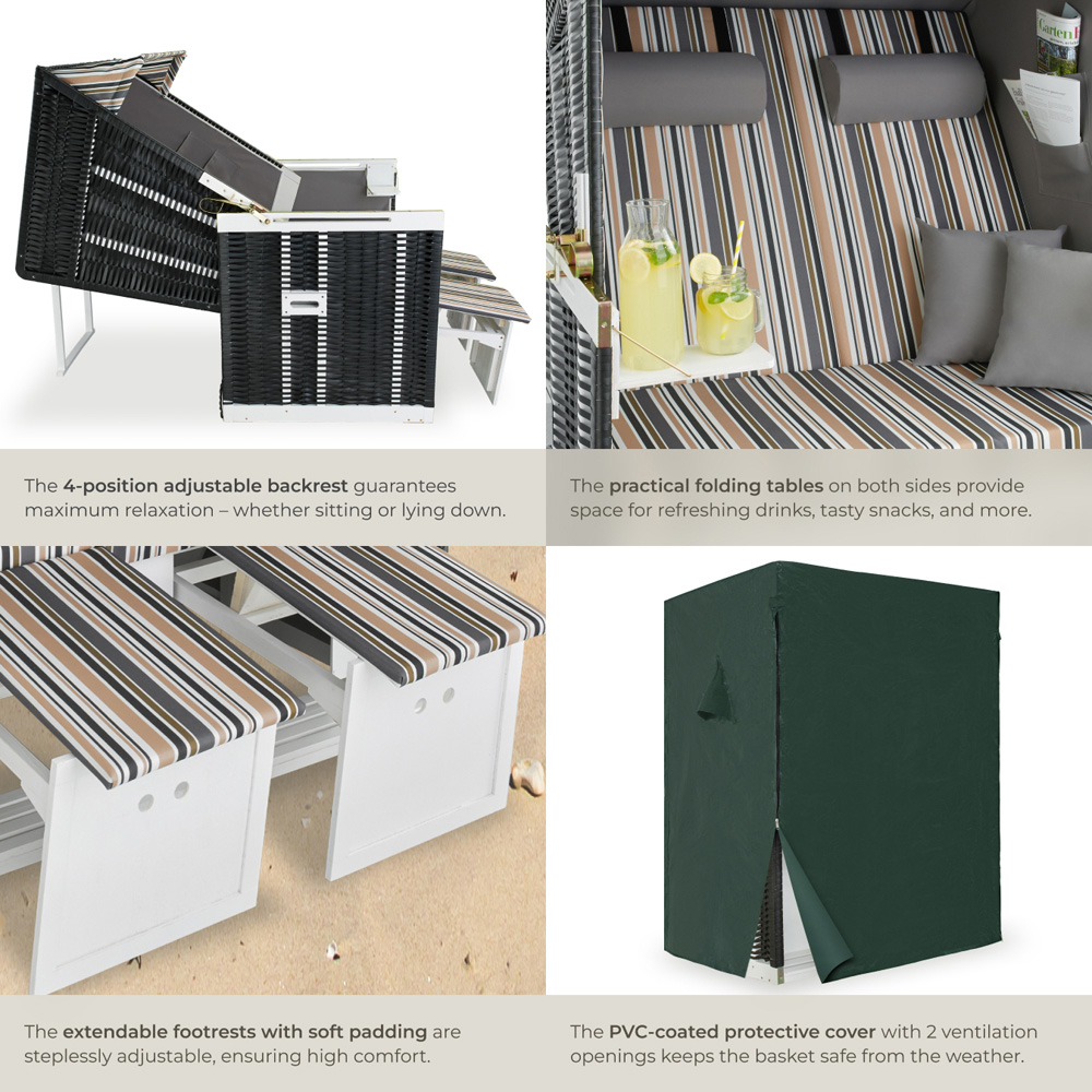 tectake Sylt Black Grey and Brown Beach Chair with Cushions and Cover Image 5