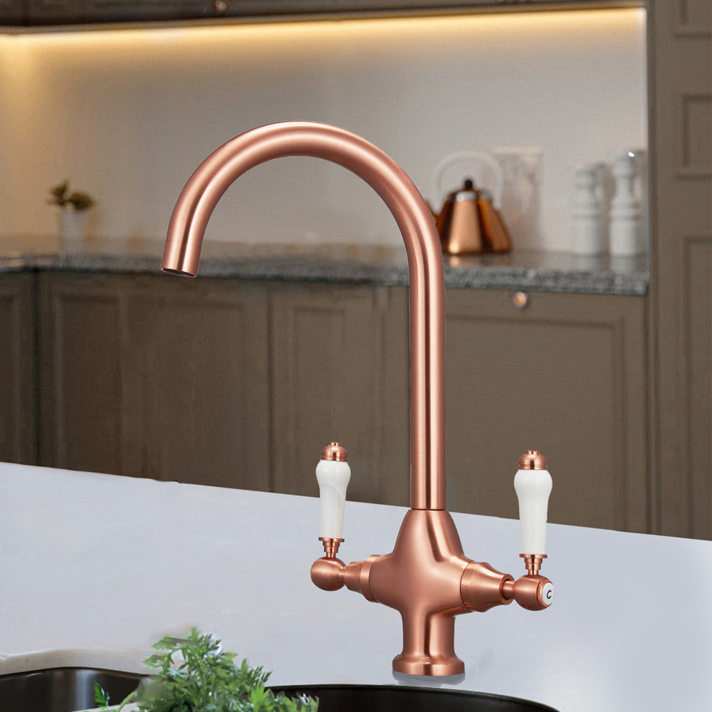 Nes Home Antique Copper and White Twin Lever Swivel Spout Kitchen Mixer Tap Image 2