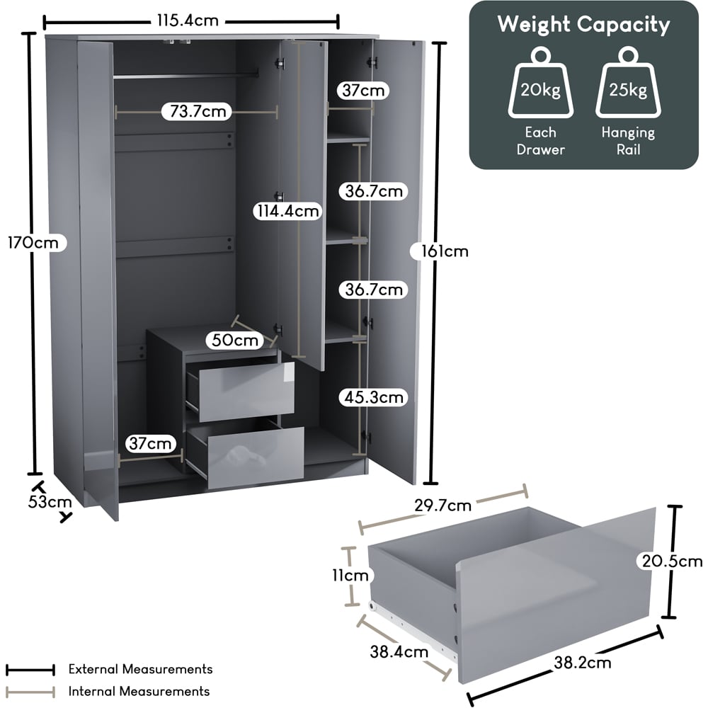 Vida Designs Glinton 3 Door 2 Drawer Grey Wardrobe Image 9