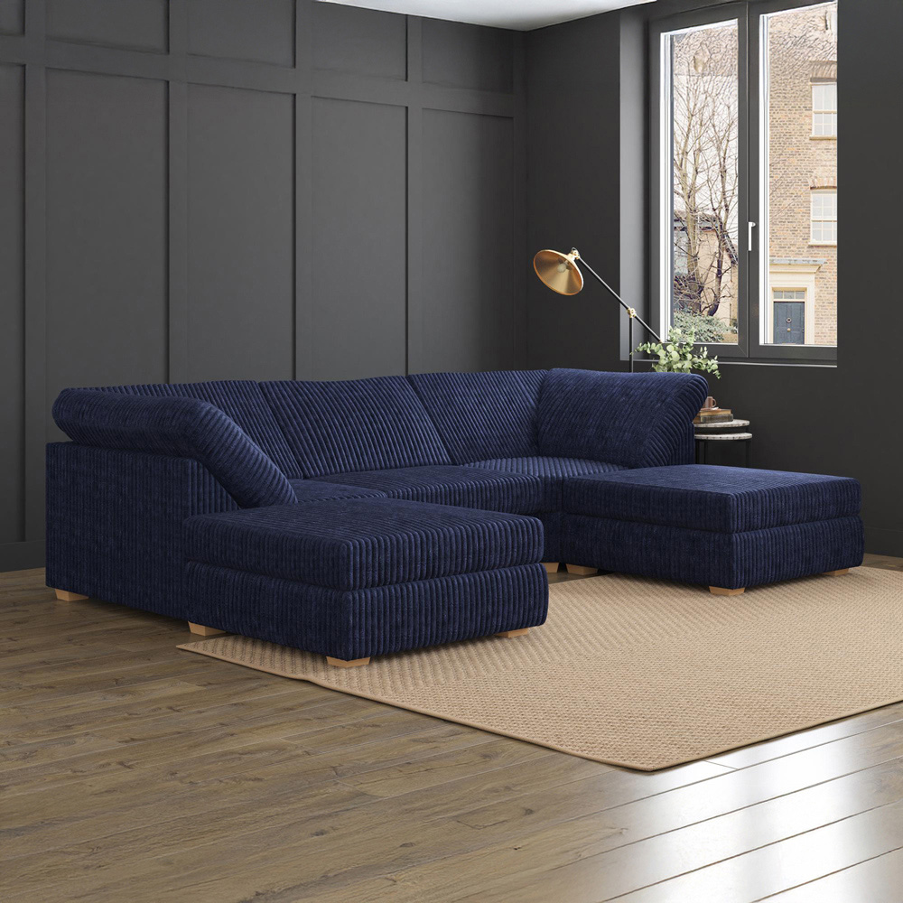 Nestle 5 Seater Navy Plush Faux Fur Fixed Back U-Shape Sofa Image 6