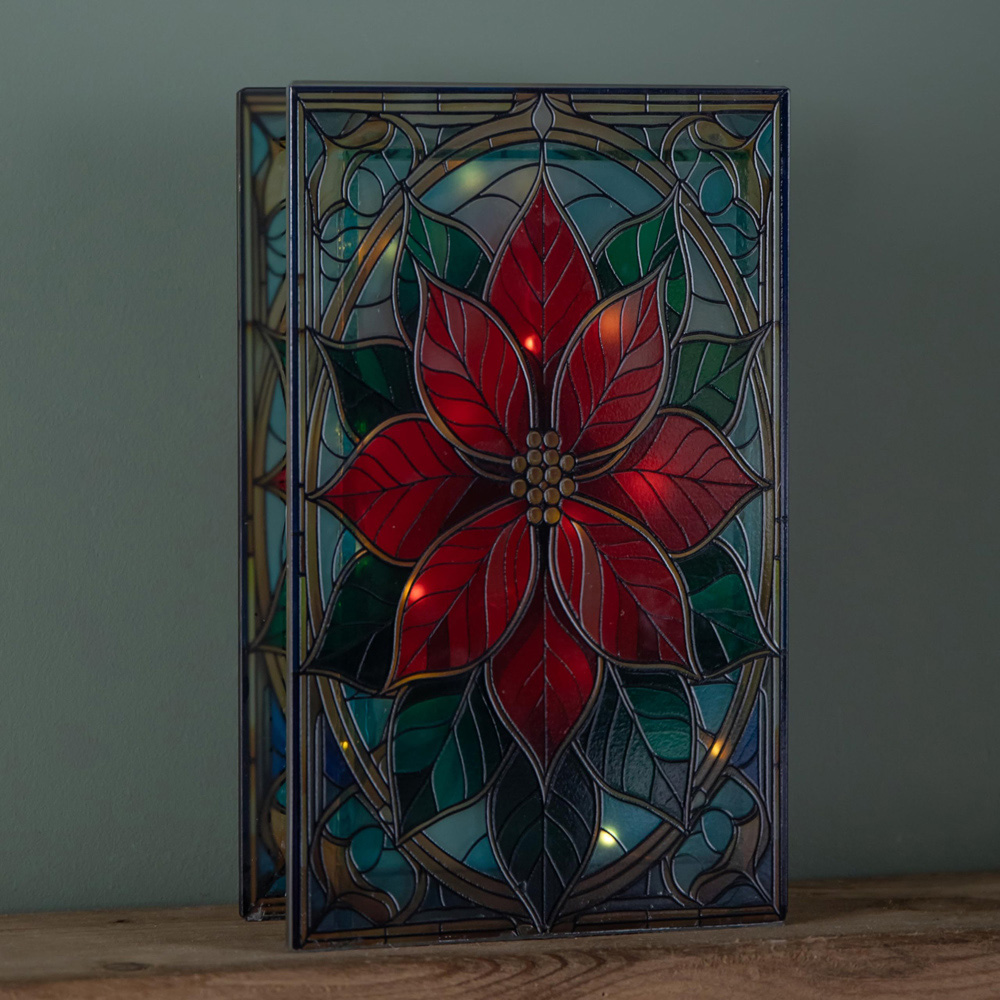 Samuel Alexander Warm White LED Double Sided Stained Glass Light Up Poinsettia Decoration Image 8