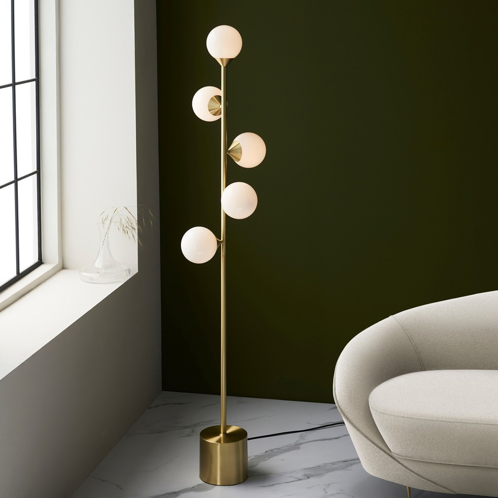 Merano Grosseto Satin Brass Plate Gloss White Glass Multi Arm Floor Lamp Image 2