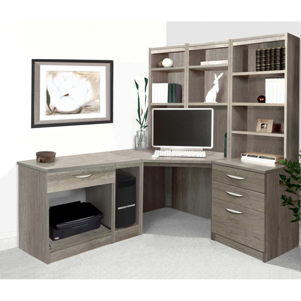 R White Cabinets 4 Drawer Corner Set-20 Computer Desk with Printer Shelf and Bookcase Grey Image 4