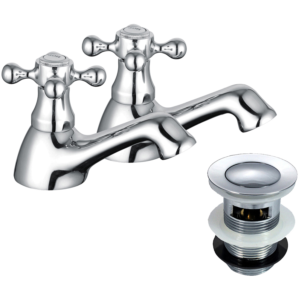 Nes Home Victorian Chrome Cross Head Basin Hot and Cold Twin Taps with Waste Image 1