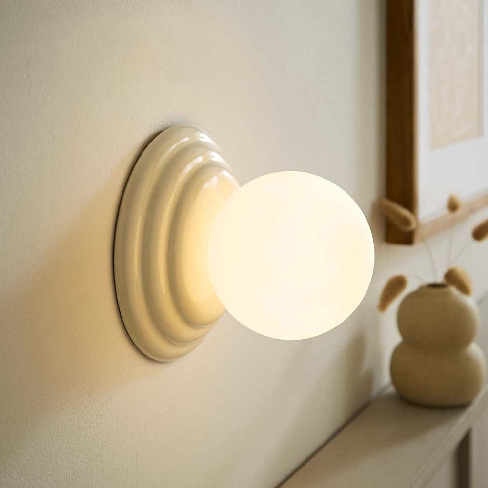 ValueLights Rue Frosted Glass Shade Cream Ribbed Ceramic Base Flush Wall Light with Bulb Image 6