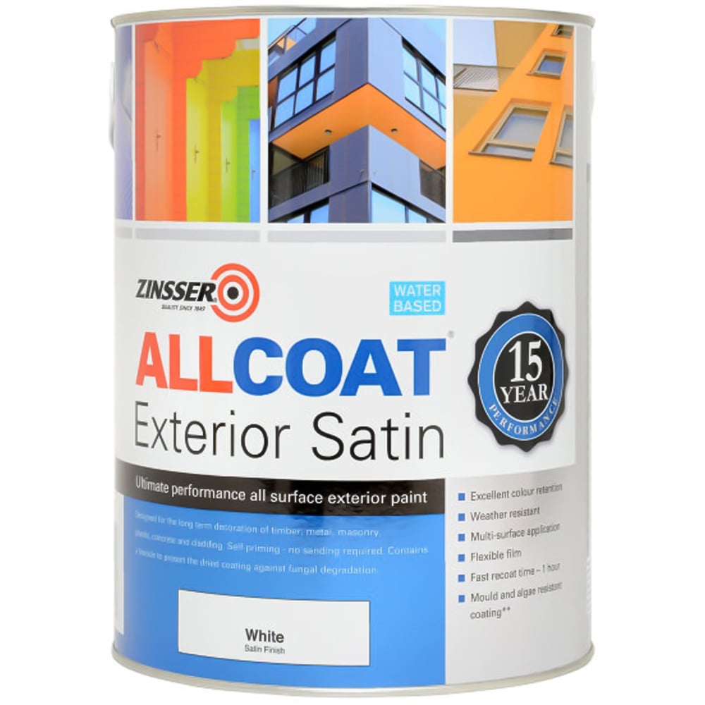 Zinsser Allcoat White Water Based Exterior Satin Paint 5L Image 2