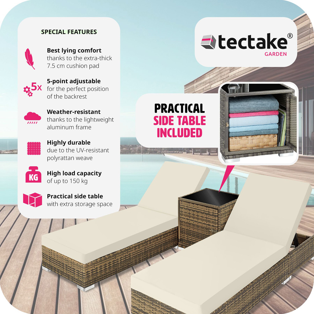 tectake Set of 2 Nature Aluminium Sun Lounger with Adjustable Backrest Image 3