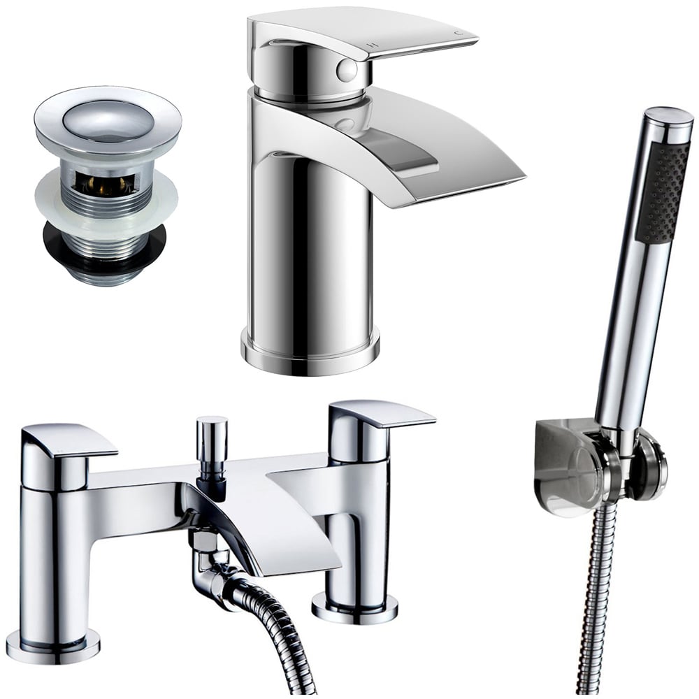 Nes Home Libra Waterfall Chrome Bath Shower Mixer Pack and Basin Mixer Tap with Waste Image 1