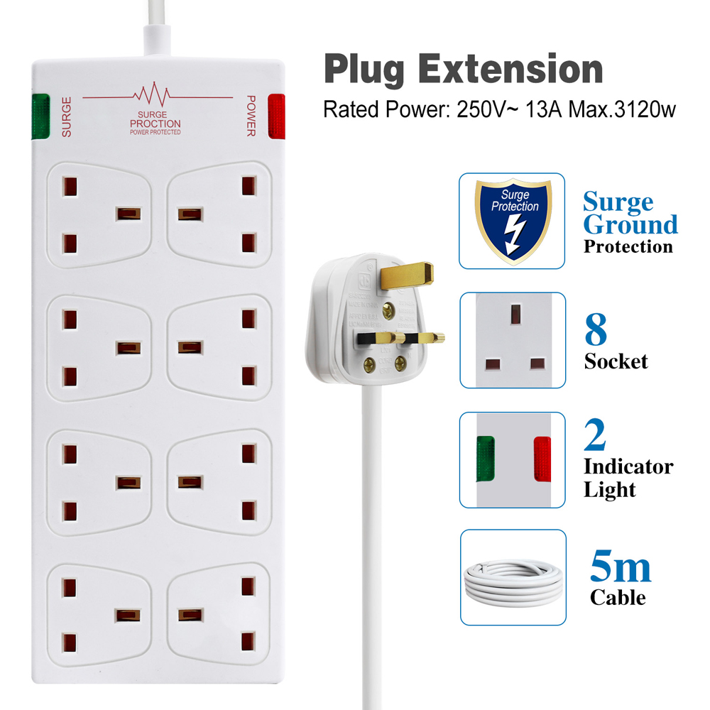 ExtraStar White 13A 5m 8 Socket Surge Protected Extension Lead Image 2