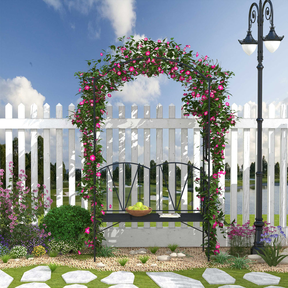Outsunny 2 Seater Black Metal Garden Loveseat Bench with Arch Image 5