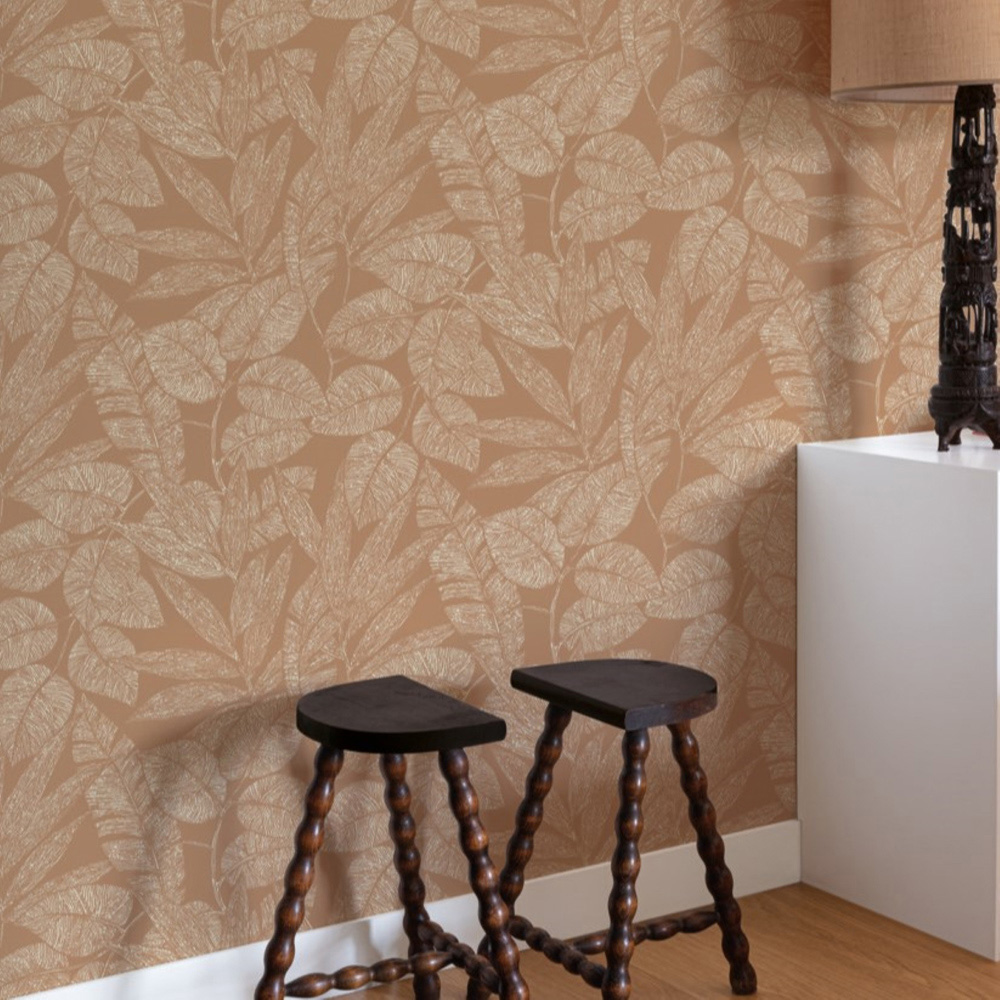 Grandeco Lorena Sketch Leaves Terracotta Vinyl Wallpaper Image 3