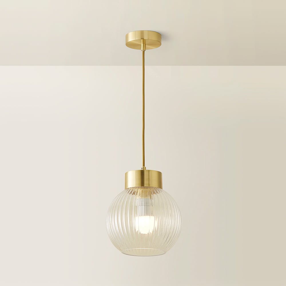 ValueLights Maddison Ribbed Glass Shade Brushed Gold Capped LED Ceiling Pendant Light Image 5