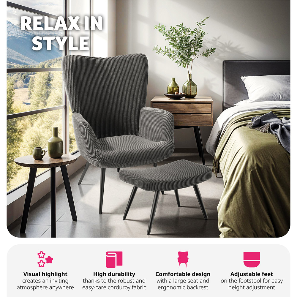 tectake Hygge Wide Corduroy Anthracite and Black Padded Armchair with Stool Image 4