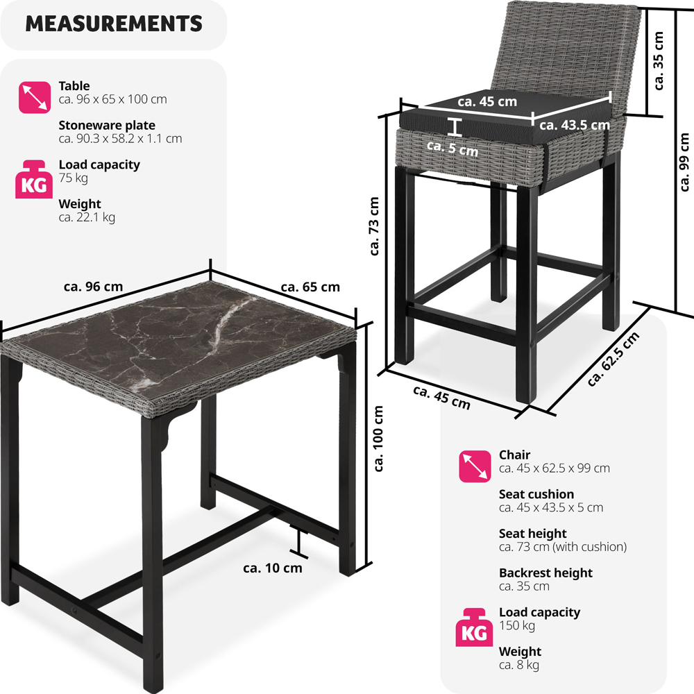 tectake 2 Seater Grey Poly Rattan Bistro Bar Table Set Image 9