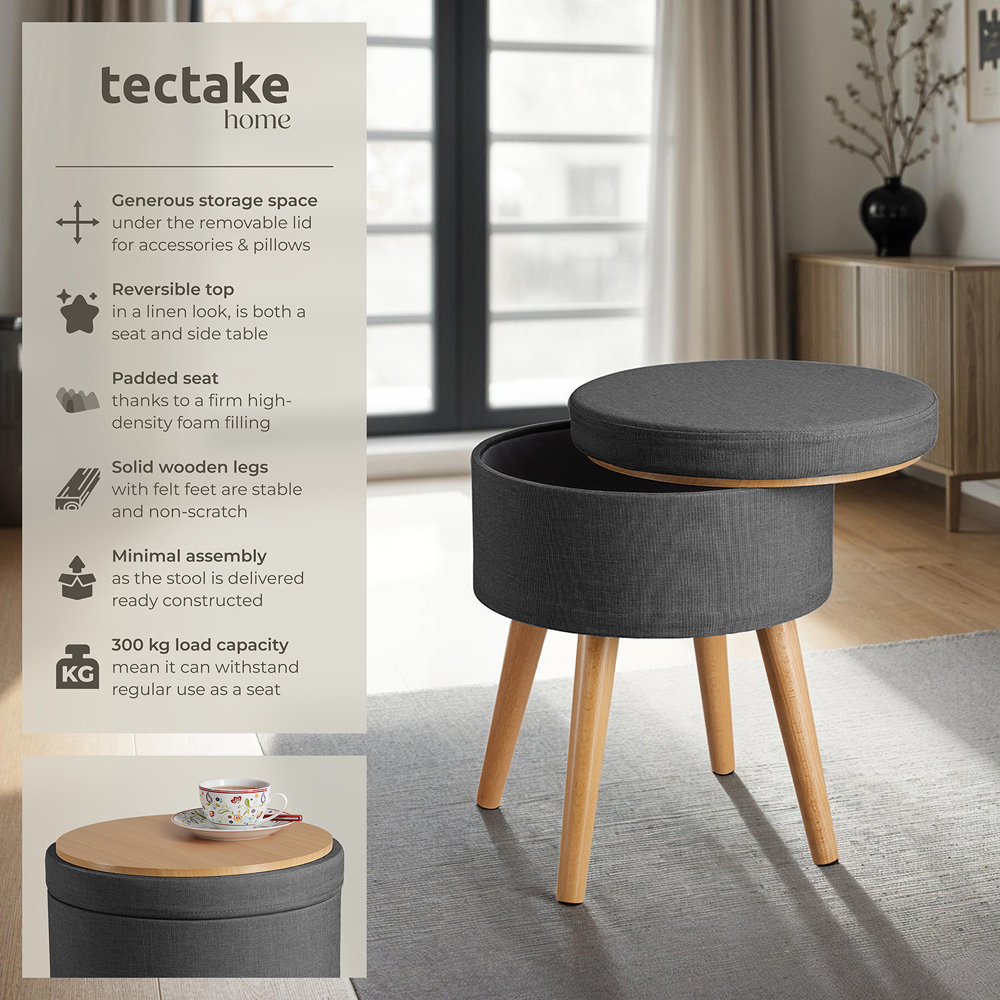 tectake Yara Dark Grey Linen Look Padded Round Stool with Storage Image 6