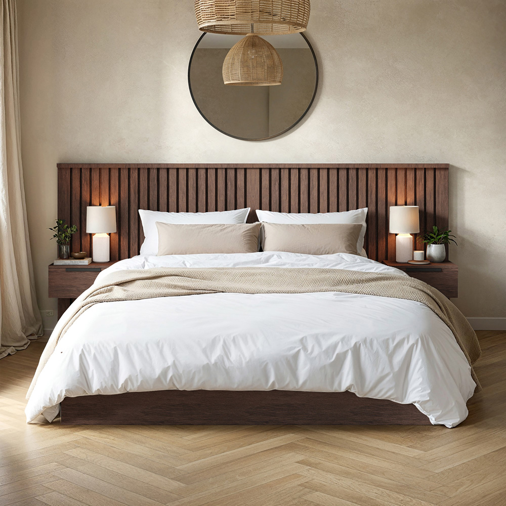SOLACE+CO Taylor Double Walnut Hotel Ottoman Bed with Side Table Image 5