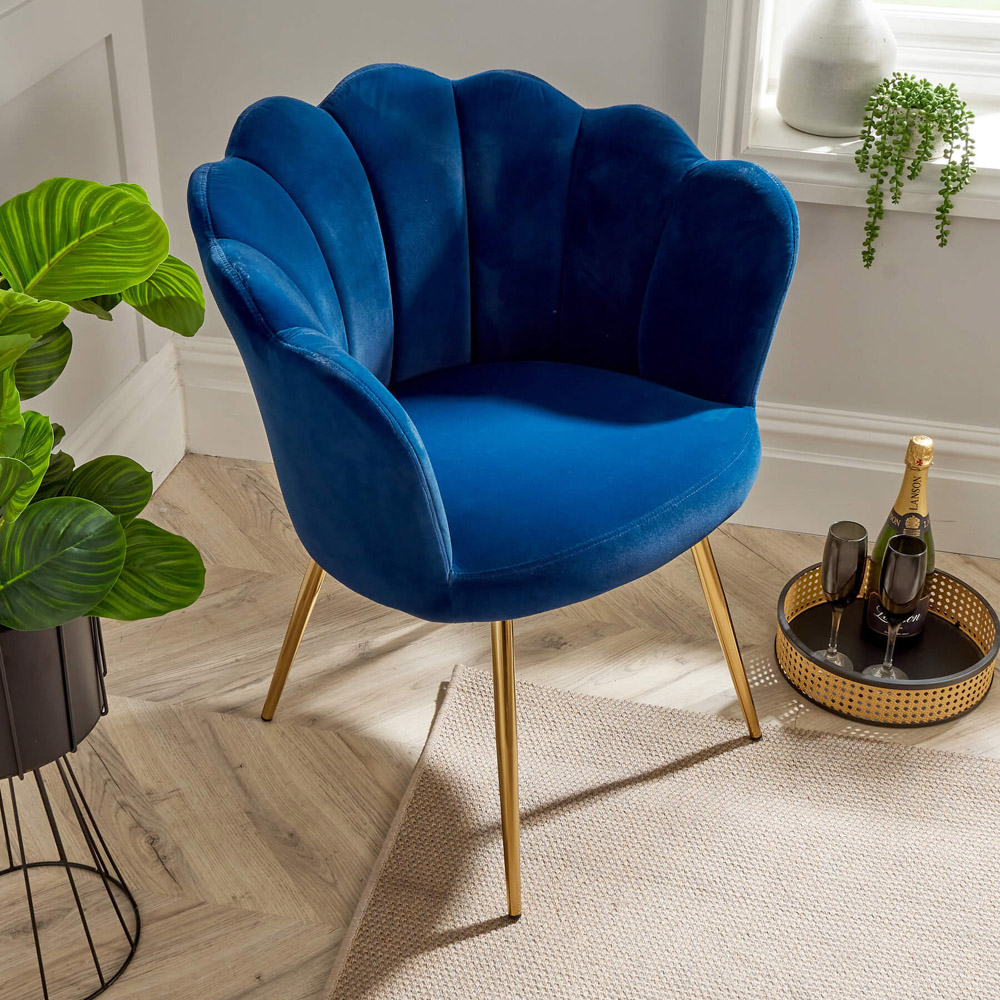 Home Source Navy Blue Velvet Scallop Chair with Gold Metal Legs Image 5